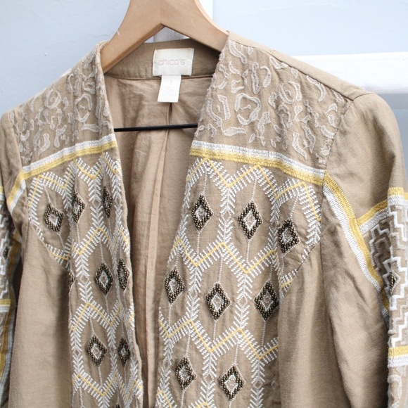 Chico's Embroidered Tan Beaded Embroidered Linen 3/4 Sleeve BlazerJacket Medium - Picture 3 of 9